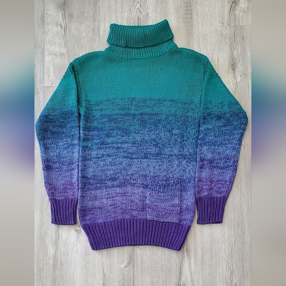 Jantzen Silk Knit Gradient Turtleneck Sweater in Teal Purple Ombre Size Small - Picture 2 of 8